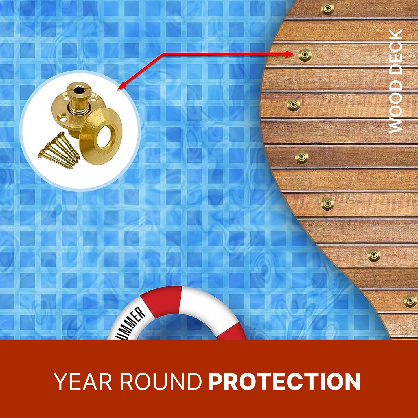 AXE -  Wood Deck Brass Anchor with Collar for Pool Safety Cover. Universal Replacement for In-ground Pool Safety Covers