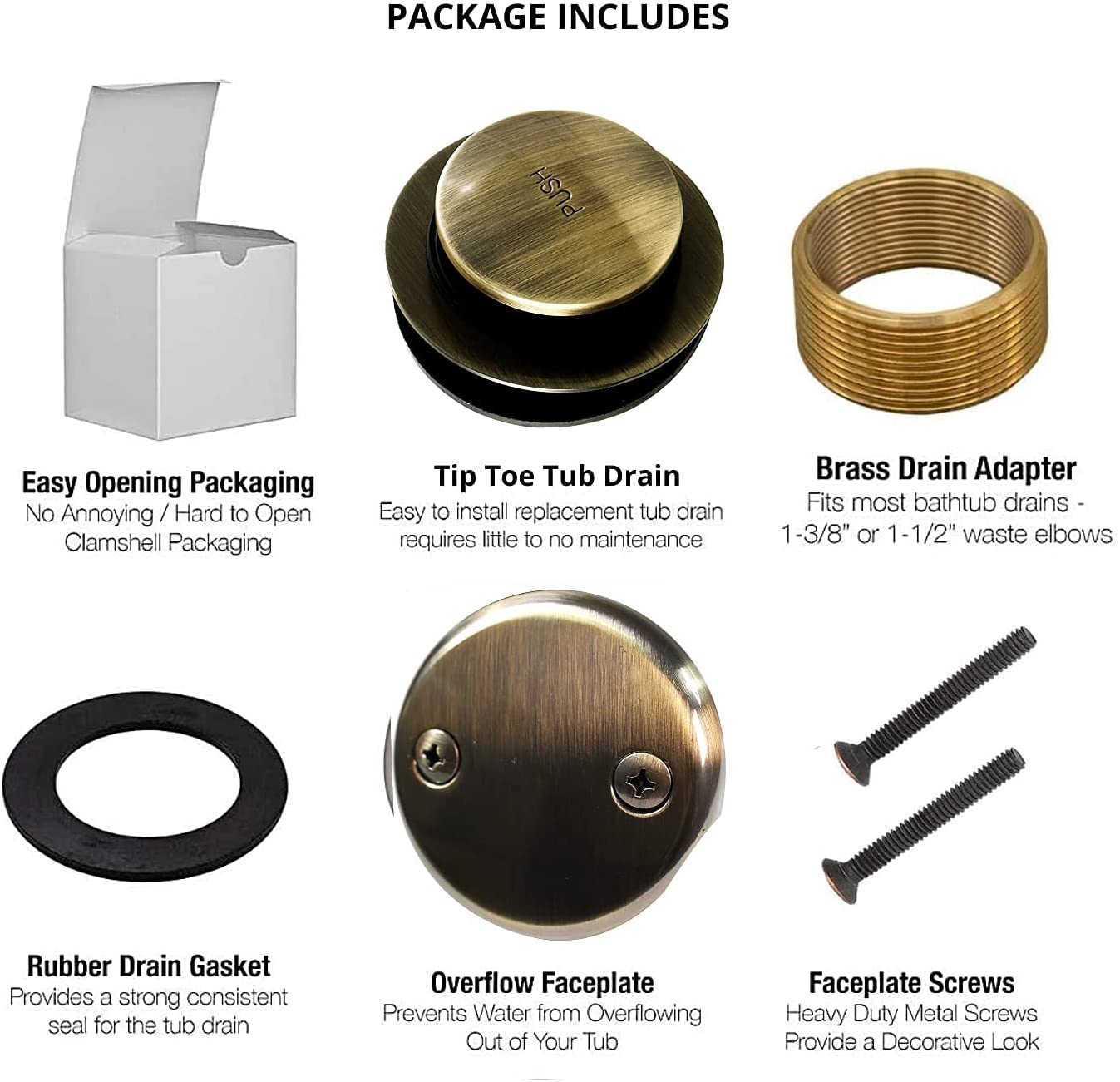 Maui - Tip Toe Style Bathtub Tub Drain Assembly Conversion Kit, All Brass Construction