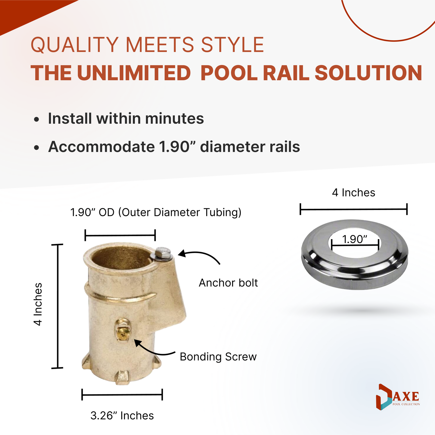 AXE Anchor & Escutcheon Pool Rail Set, 4-Inch Anchor for 1.90-Inch Outer Diameter
