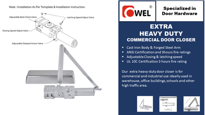 Extra Heavy Duty/UL Listed Commercial Automatic Door Closer, Cast Iron Body & Forged Steel Arm with Adjustable Speed, ANSI Certification and 3hours fire ratings