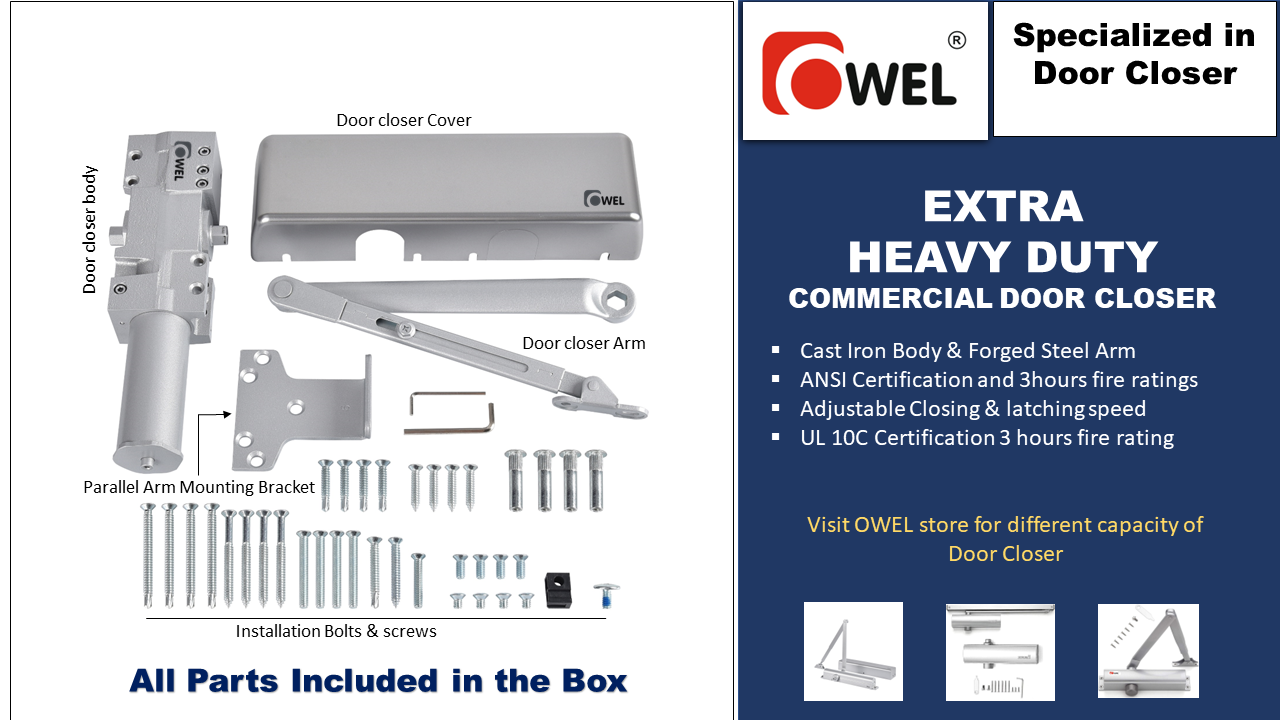 Extra Heavy Duty/UL Listed Commercial Automatic Door Closer, Cast Iron Body & Forged Steel Arm with Adjustable Speed, ANSI Certification and 3hours fire ratings