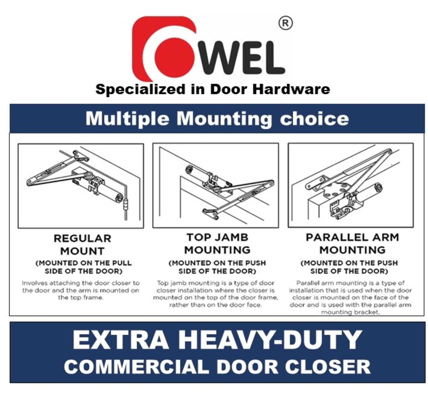 Extra Heavy Duty/UL Listed Commercial Automatic Door Closer, Cast Iron Body & Forged Steel Arm with Adjustable Speed, ANSI Certification and 3hours fire ratings