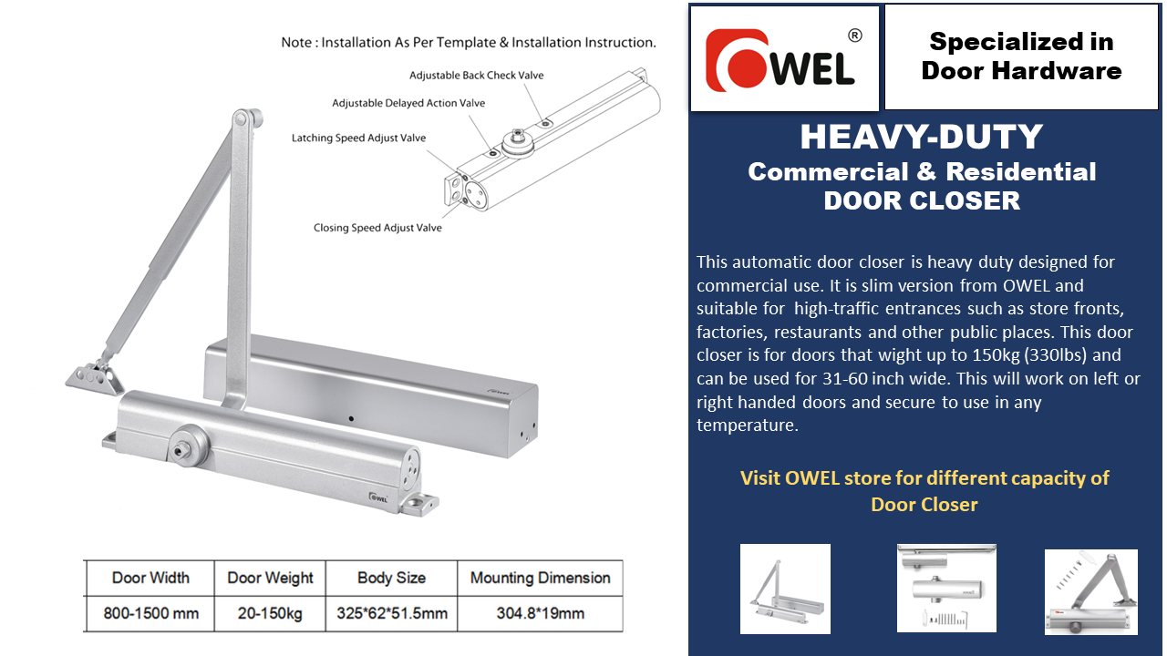 Heavy Duty/UL Listed Commercial Automatic Door Closer, Cast Aluminum Body & Steel Arm with Adjustable Speed, ANSI Certification and 3hours fire ratings