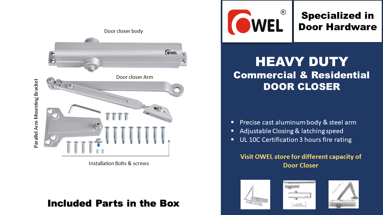Heavy Duty/UL Listed Commercial Automatic Door Closer, Cast Aluminum Body & Steel Arm with Adjustable Speed, ANSI Certification and 3hours fire ratings