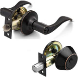 Maui - Wave Style Door Lever [Lock with Three Keys] for Office or Front Door (Satin Nickel OR Oil Rubbed Bronze Entrance & Deadbolt)